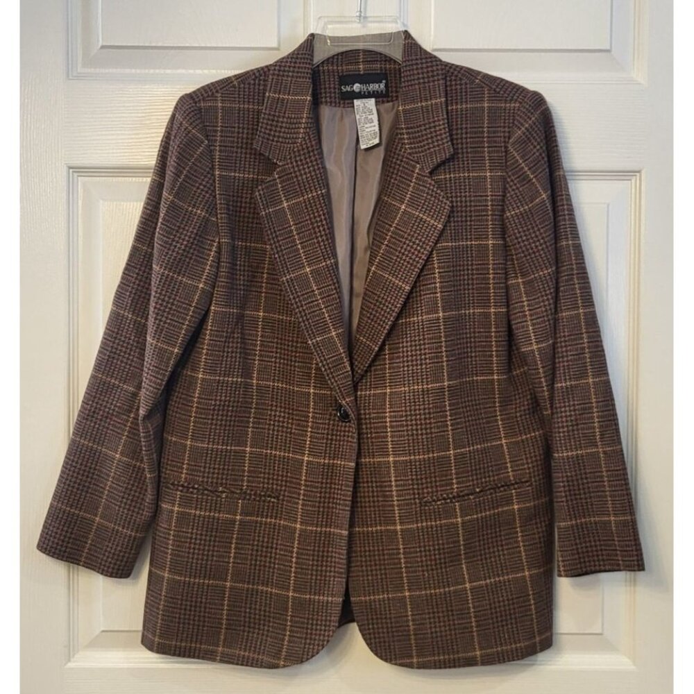 VTG Sag Harbor Petites Brown Plaid Academia Notched Collar Wool Blend Blazer